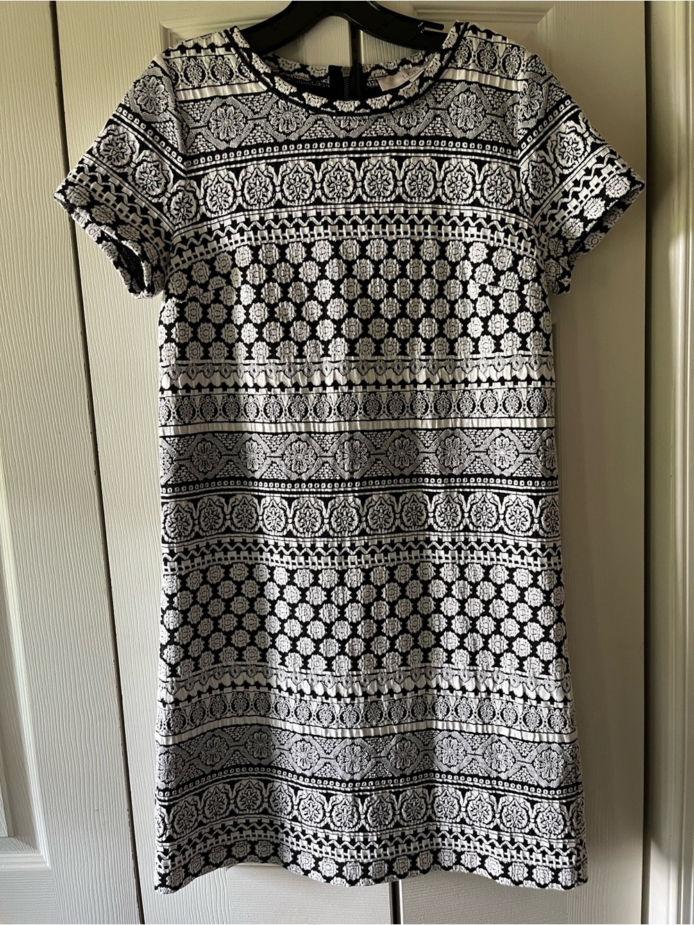 LOFT Black and White Mini Dress with Geometric Floral Pattern